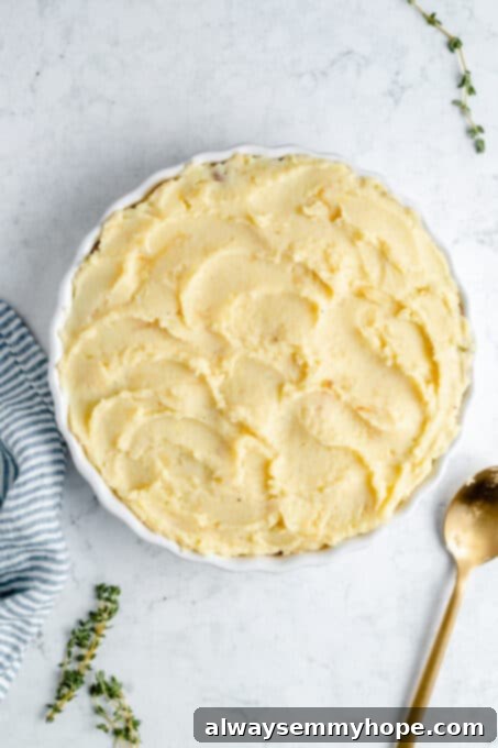 Hearty Vegan Shepherd's Pie 11 Overhead shot of an unbaked Vegan Shepherd's Pie in a dish, topped with artfully swirled mashed potatoes and garnished with thyme sprigs in the background
