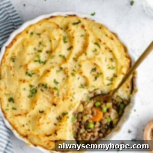 Hearty Vegan Shepherd's Pie 16 Overhead view of Vegan Shepherd's Pie in serving dish with serving spoon, showing texture of mashed potato topping