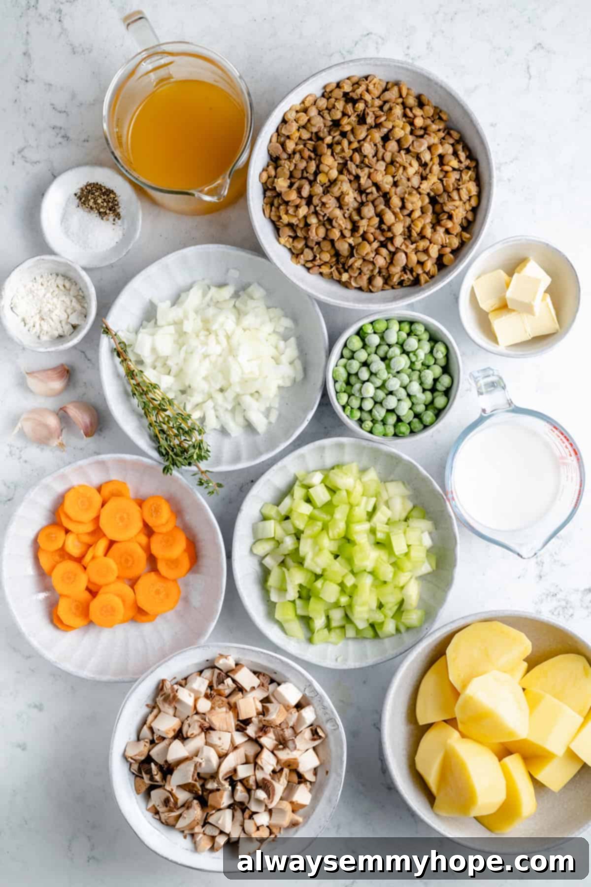 Hearty Vegan Shepherd's Pie 3 Overhead shot of fresh Vegan Shepherd's Pie ingredients, including mushrooms, carrots, garlic, and lentils