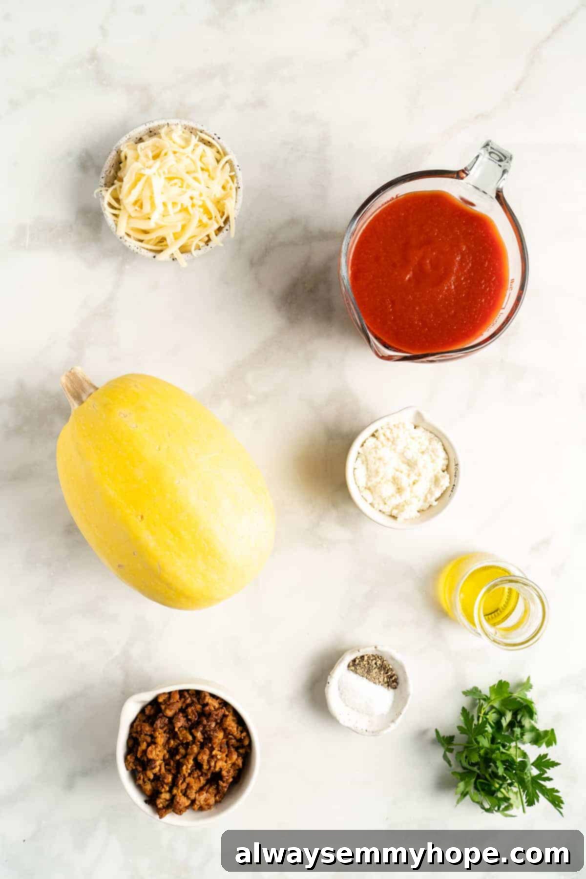 Overhead view of spaghetti squash lasagna boat ingredients