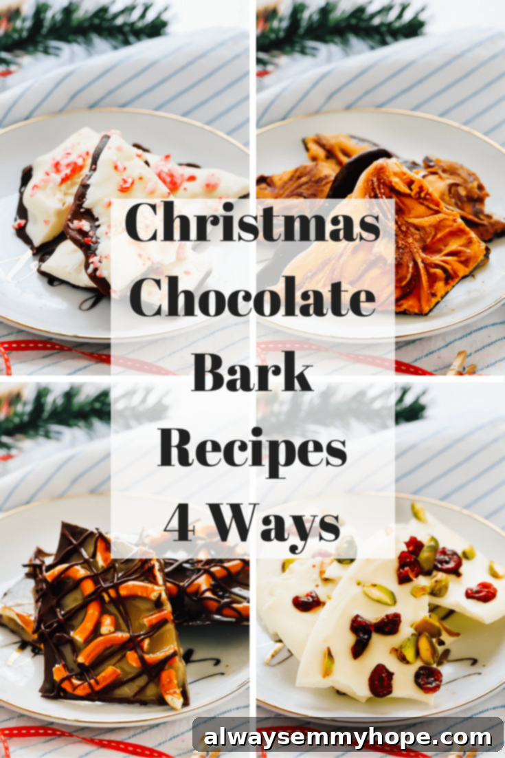 A collage of chocolate bark photos with text over it. 