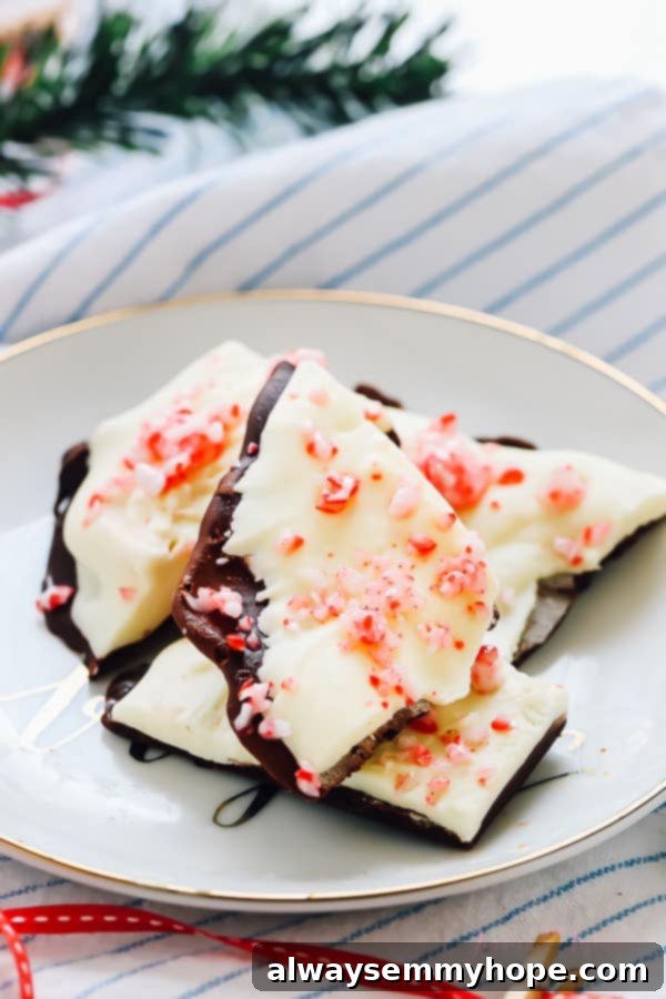 Chunks of christmas chocolate bark on a white plate. 