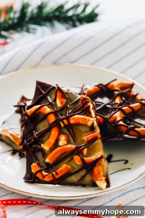Chunks of slated caramel pretzel chocolate bark on a white plate.