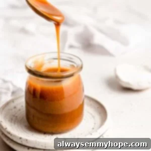 Simple Plant-Based Caramel 12 Homemade vegan caramel sauce in a glass jar.