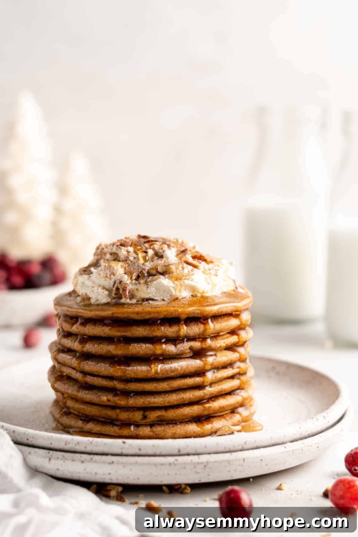 A beautifully presented stack of vegan gingerbread pancakes, adorned with a generous swirl of coconut whipped cream, crunchy nuts, and a luscious drizzle of maple syrup.