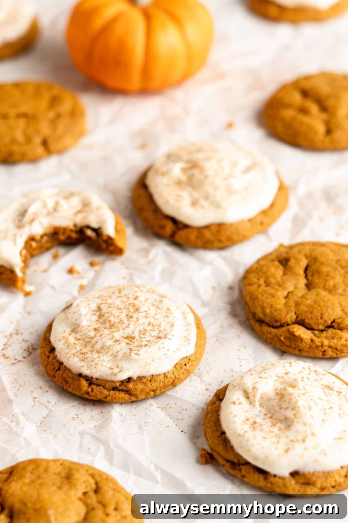 These easy vegan pumpkin cookies are ultra-soft. Made with 10 ingredients, they're topped with an irresistible cream cheese frosting, too! Frosted vegan pumpkin sugar cookies with a dusting of pumpkin spice, ready for enjoyment during the holidays.