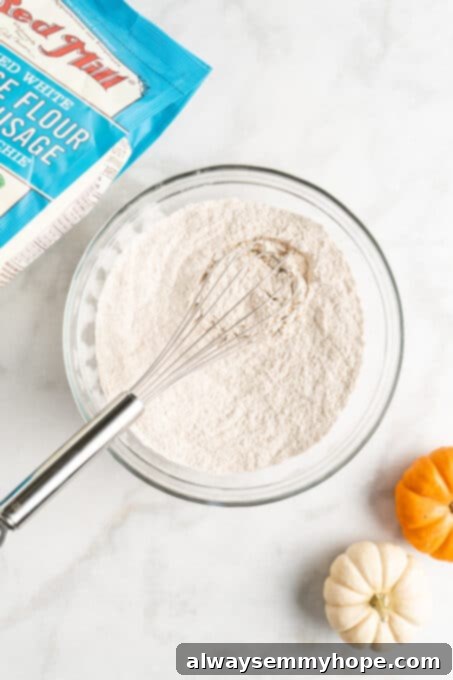 These easy vegan pumpkin cookies are ultra-soft. Made with 10 ingredients, they're topped with an irresistible cream cheese frosting, too! A bowl containing a whisked mixture of flour, baking powder, baking soda, pumpkin spice, cinnamon, and sea salt – the dry ingredients for the pumpkin cookies.