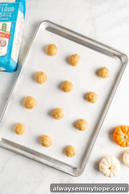 These easy vegan pumpkin cookies are ultra-soft. Made with 10 ingredients, they're topped with an irresistible cream cheese frosting, too! Unbaked vegan pumpkin cookie dough rolled into uniform balls and arranged on a parchment-lined baking sheet, ready for chilling.