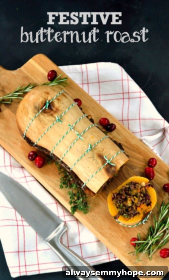 Vegan Christmas Delights: 50 Festive Plant-Based Meals 14 Top down shot of a butternut roast on a wooden board.
