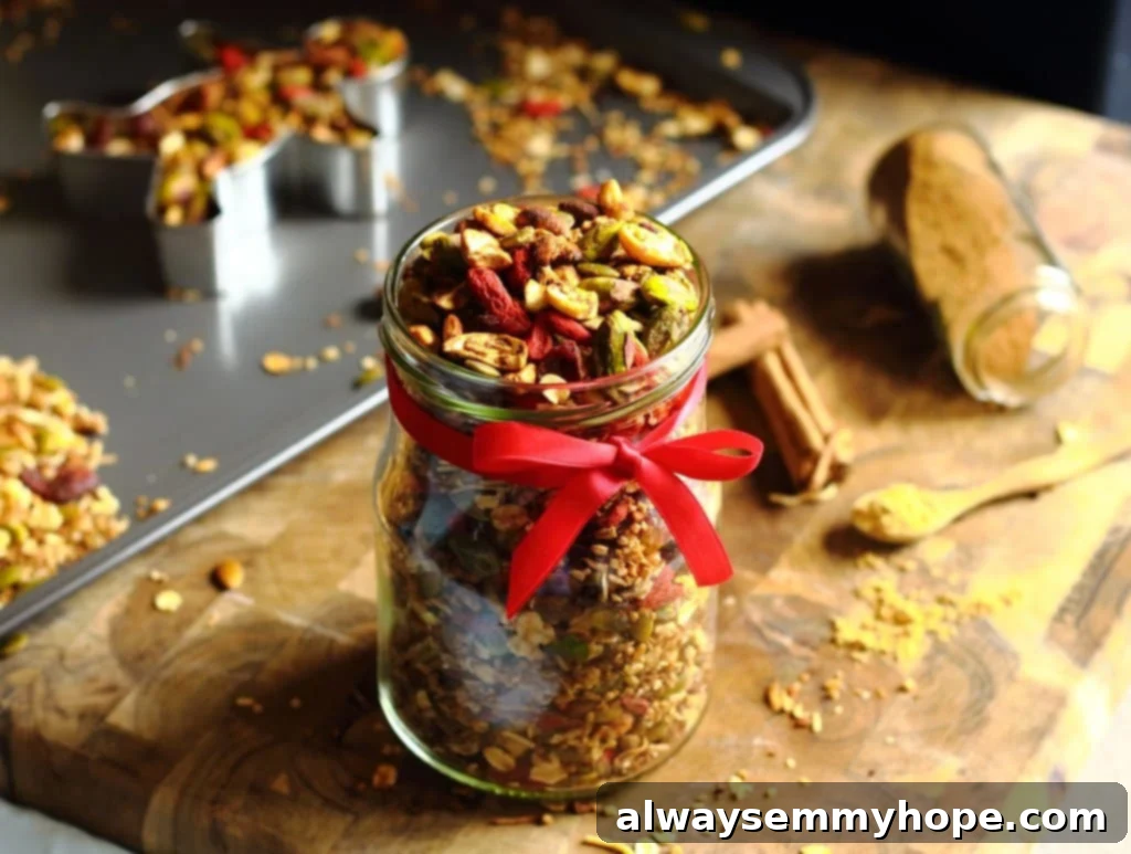 Vegan Christmas Delights: 50 Festive Plant-Based Meals 4 A glass jar of gingerbread granola with a bow on it.