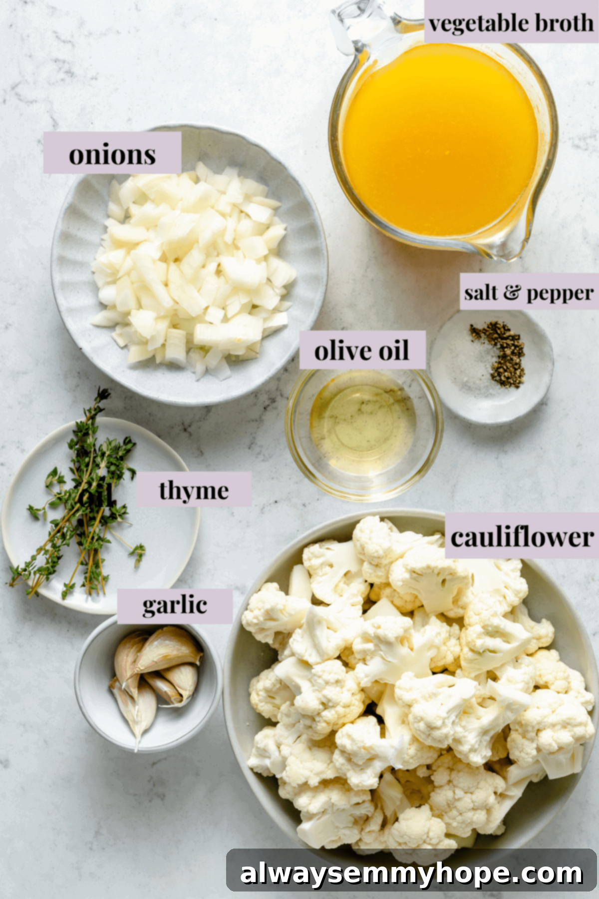 Velvety Roasted Cauliflower Soup 3 Overhead view of Roasted Cauliflower Soup ingredients
