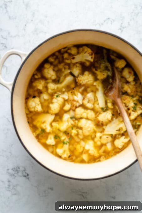 Velvety Roasted Cauliflower Soup 8 Overhead view of cauliflower soup before blending
