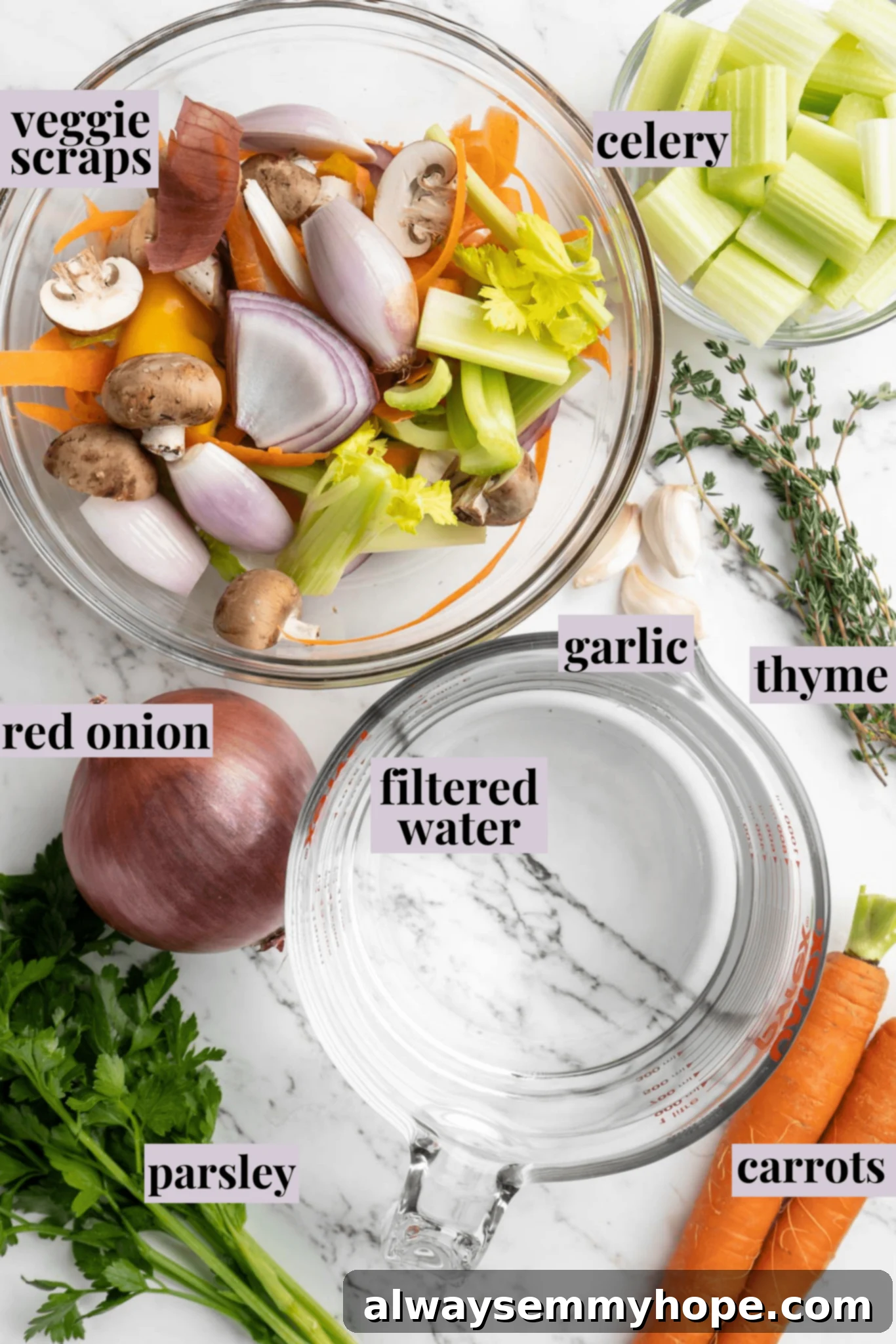 Learn how to make vegetable broth with veggie scraps. It’s the best broth you'll ever have, plus easy, cost-effective, and freezer-friendly! Overhead view of ingredients for vegetable broth with labels