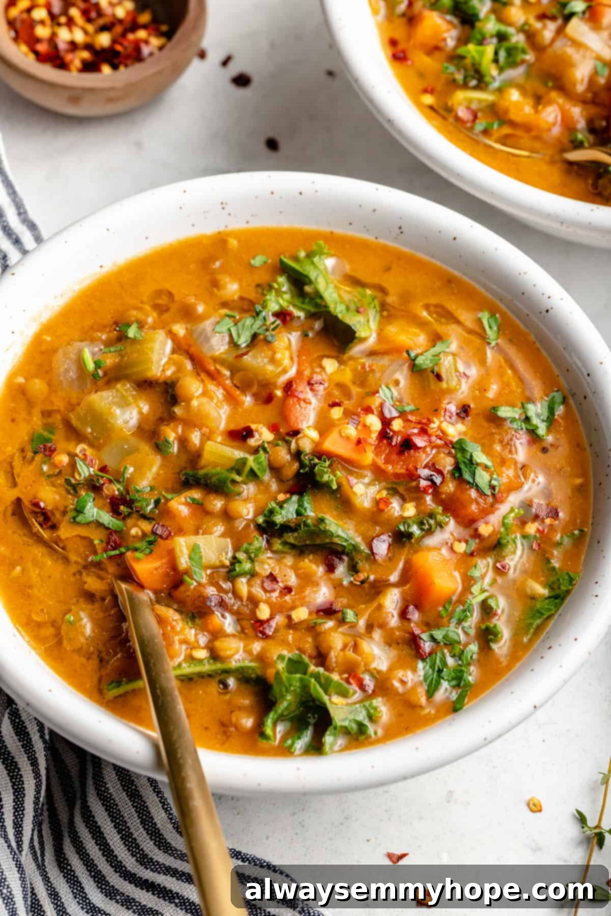 Chunky lentil soup in white bowl with gold spoon