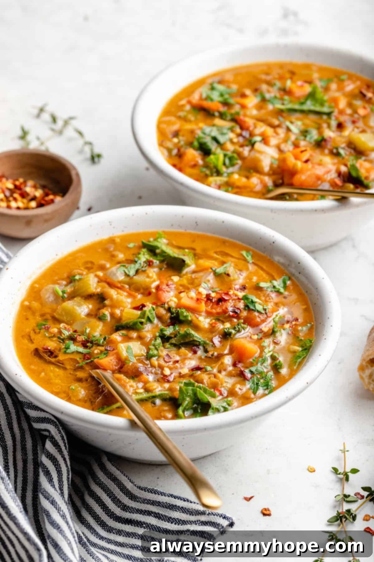 Two white bowls filled with vegan lentil soup