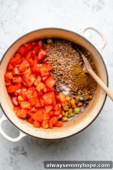Overhead view of lentil soup ingredients in pot with wooden spoon