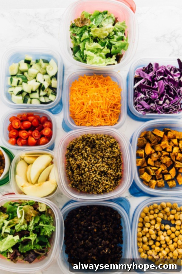 Top down shot of ingredients in tupperware containers.