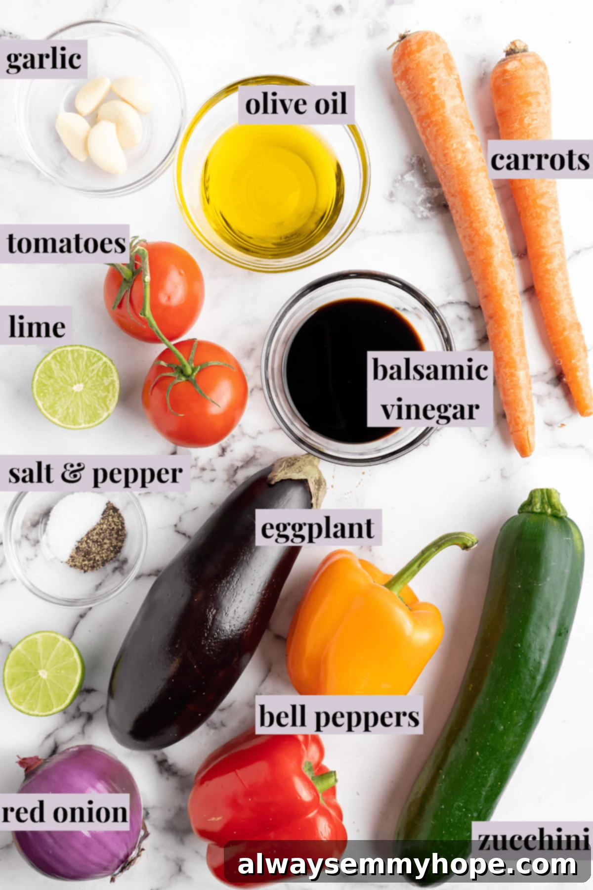 Easy Balsamic Roasted Vegetables 3 Overhead shot showcasing a vibrant assortment of fresh vegetables and the ingredients for a delicious balsamic marinade, ready for roasting.