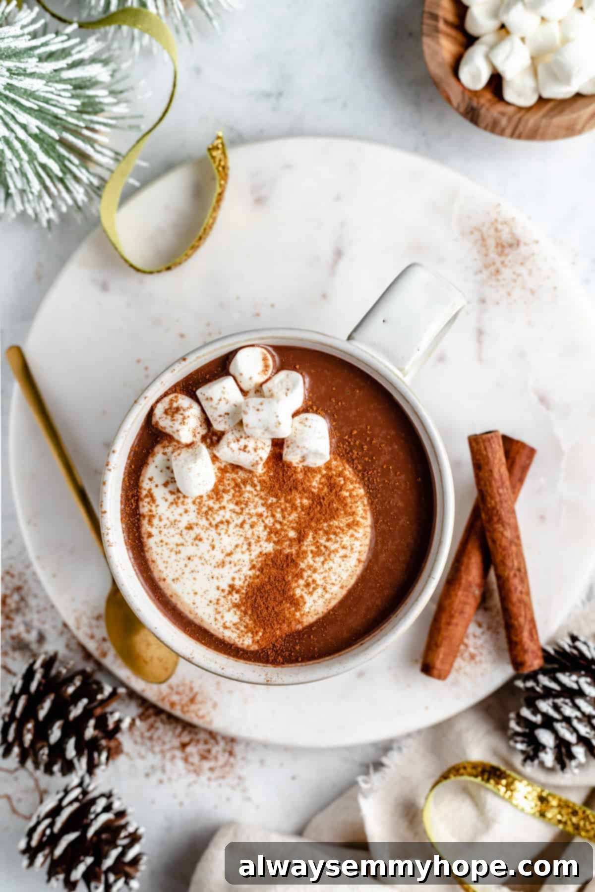 Overhead view of creamy vegan hot chocolate in a mug, garnished with cinnamon sticks, resting on a round marble slab.