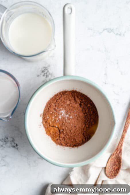 Overhead view of cocoa powder in an enamel saucepan, ready to be mixed.