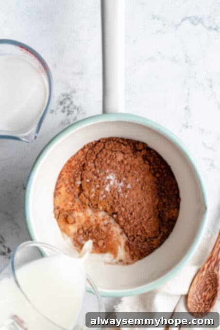 Overhead view of milk being poured into a saucepan with cocoa and other hot chocolate ingredients.