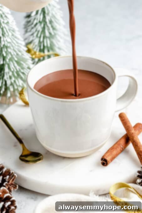 Pouring hot chocolate from a saucepan into a mug, showing its creamy texture.