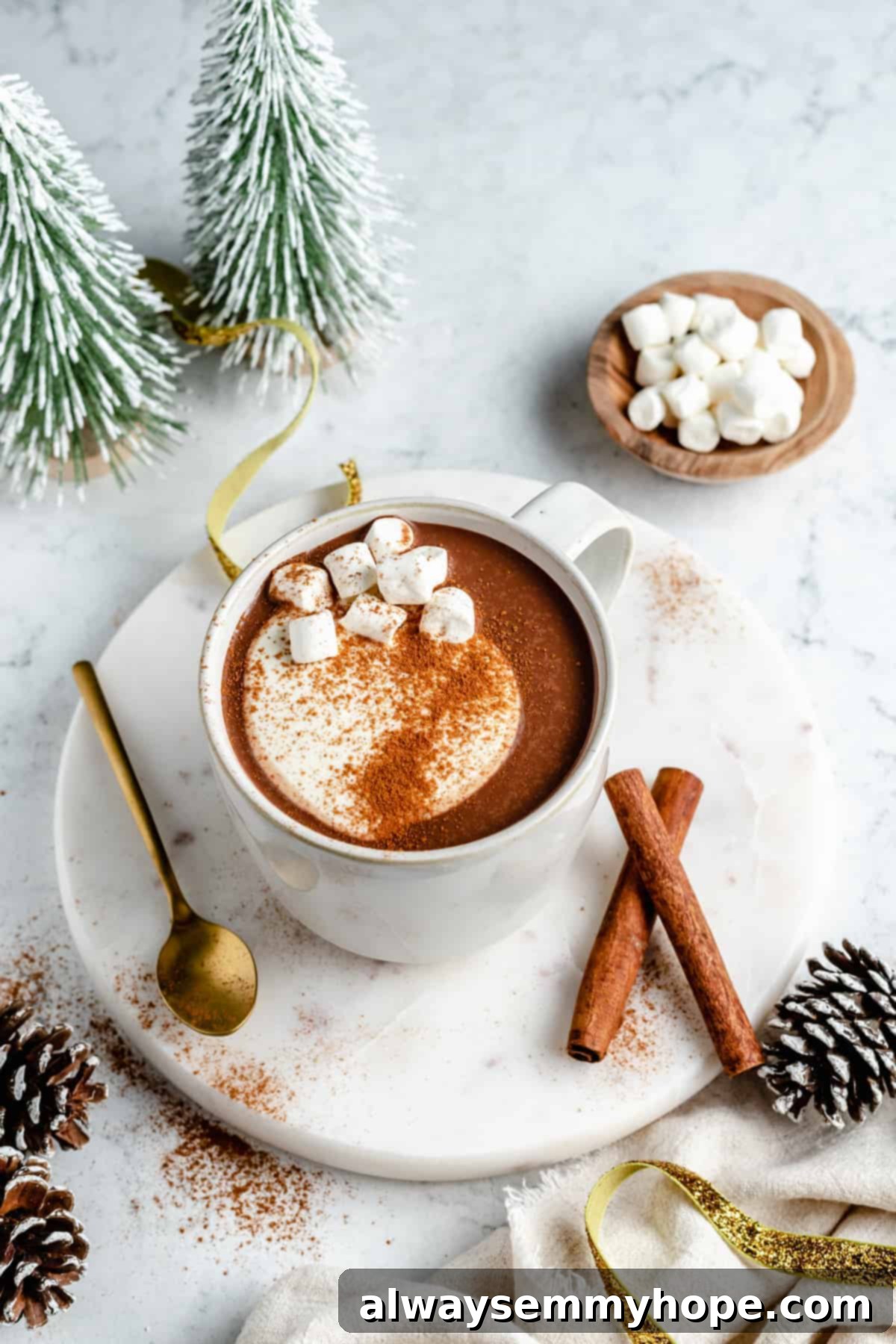 A mug of hot cocoa, generously garnished with vegan whipped cream, a sprinkle of cinnamon, and mini vegan marshmallows.