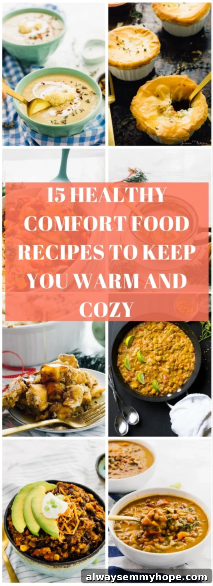 A montage of comfort food dishes with text over it. 