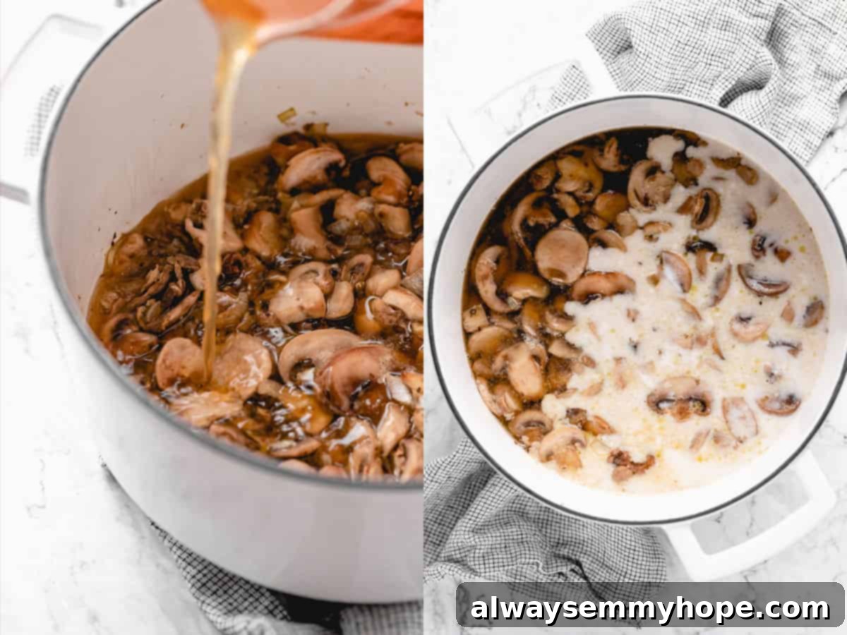 Step-by-step images showing vegetable broth and coconut milk being poured into sautéed mushrooms and aromatics in a pot.