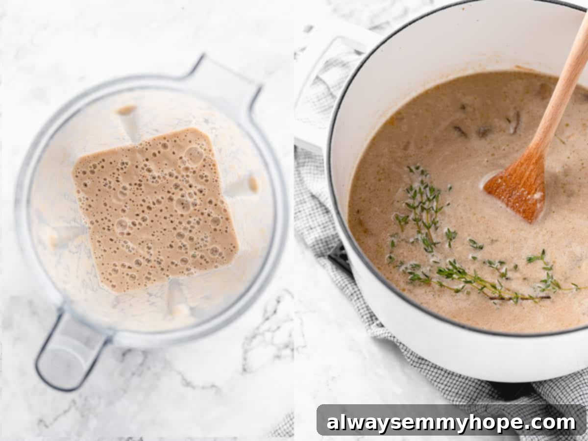 Detailed instructions illustrating the blending process for creamy mushroom soup using a stand blender.