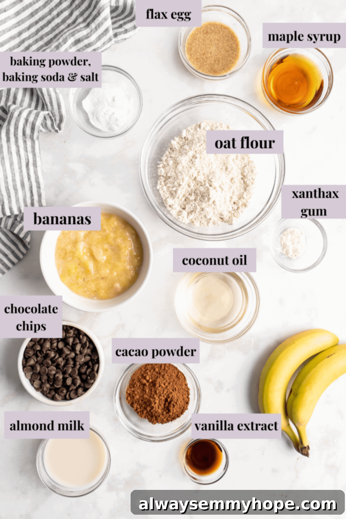 These easy chocolate banana muffins are moist, soft, and bursting with chocolate. They're made without refined sugar, gluten-free, and vegan! Overhead view of Double Chocolate Banana Muffin ingredients