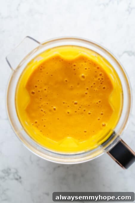 Golden Roasted Carrot Ginger Soup 8 Overhead view of roasted carrot soup in blender