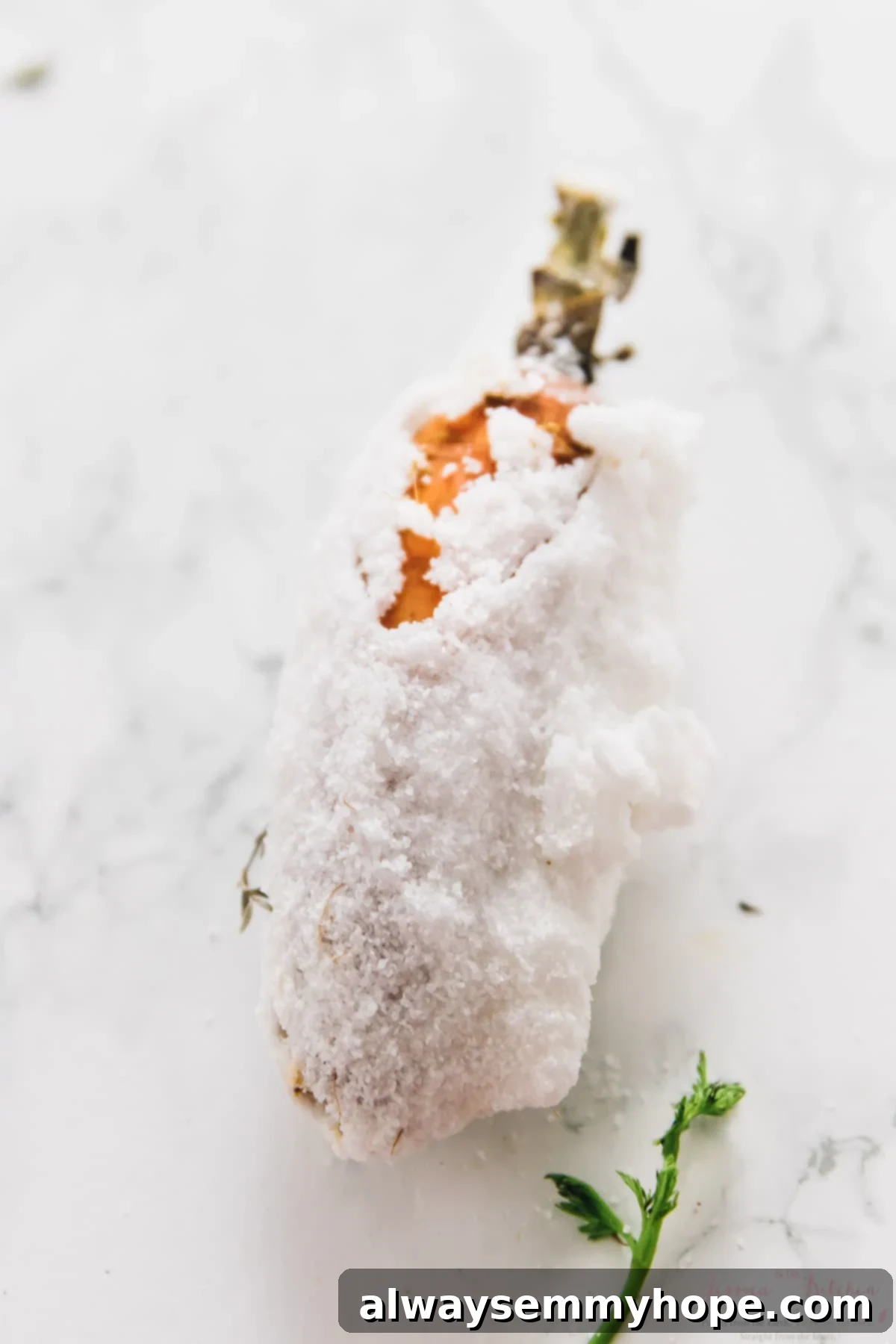 The Alchemy of Salt Roasted Carrots 7 A single carrot, beautifully cooked and partially covered in a thin layer of salt, ready to be cleaned and served.