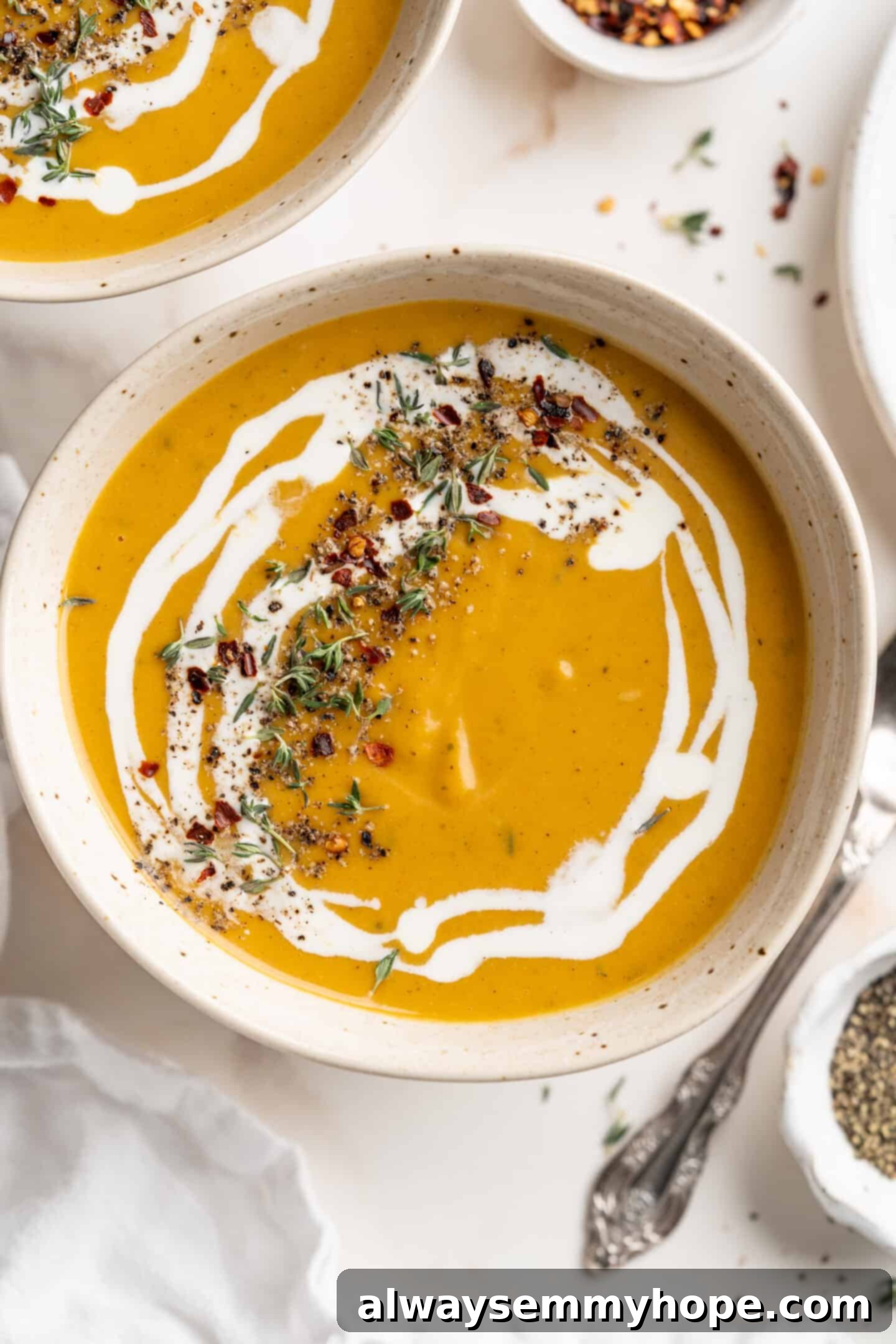 Easy & Creamy Vegan Butternut Squash Soup in a Rustic Bowl Overhead view of creamy butternut squash soup in rustic bowl, garnished with a swirl of coconut milk and fresh herbs