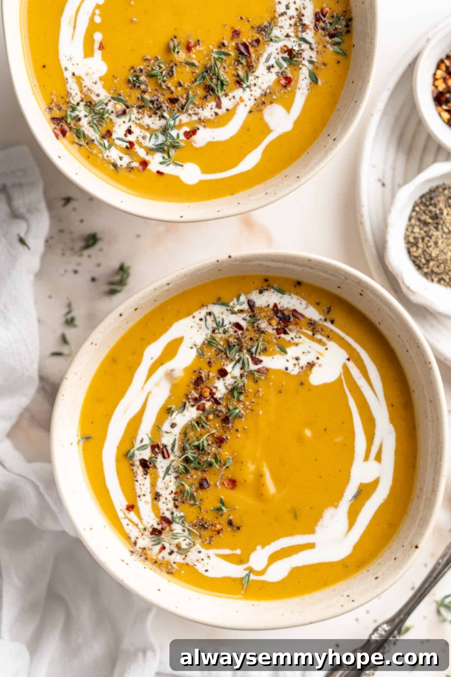 Two Bowls of Garnished Butternut Squash Soup Overhead view of two bowls of creamy butternut squash soup garnished with coconut milk swirl, fresh herbs, and red pepper flakes