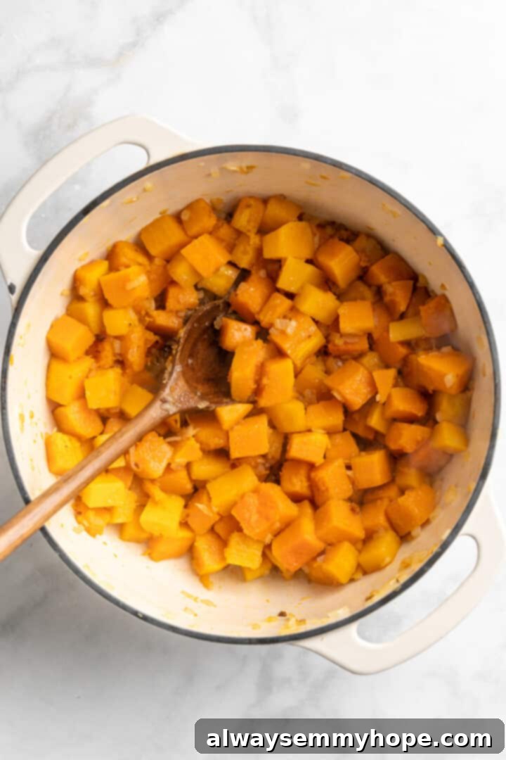 Adding Butternut Squash to Pot Overhead view of cubed butternut squash added to a large pot with sautéed onions, stirred with a wooden spoon