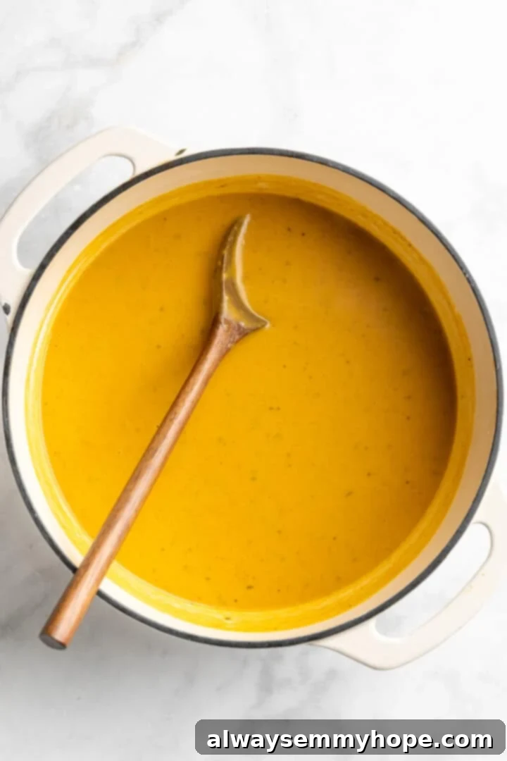 Creamy Butternut Squash Soup in Pot After Blending Overhead view of creamy butternut squash soup returned to the pot after pureeing, ready to serve