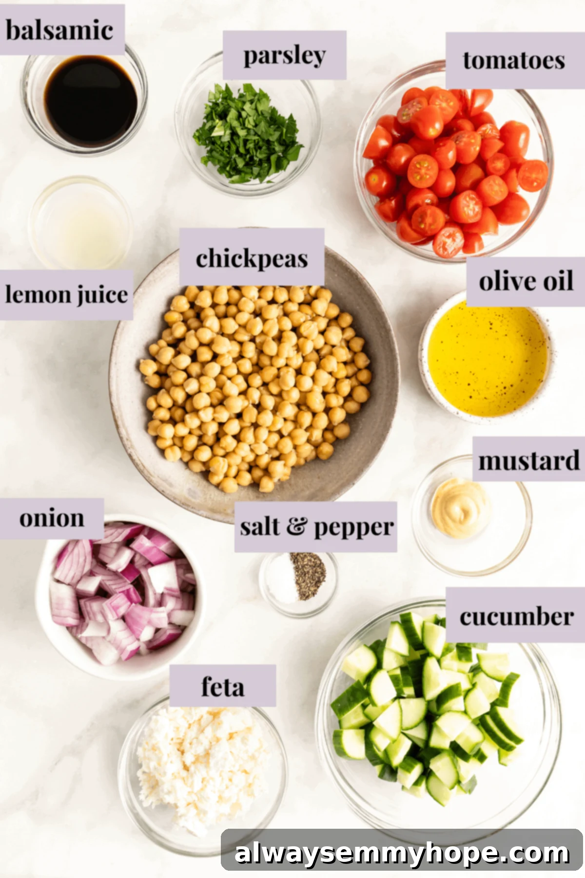Zesty Mediterranean Chickpea Salad 3 Ingredients for chickpea salad.