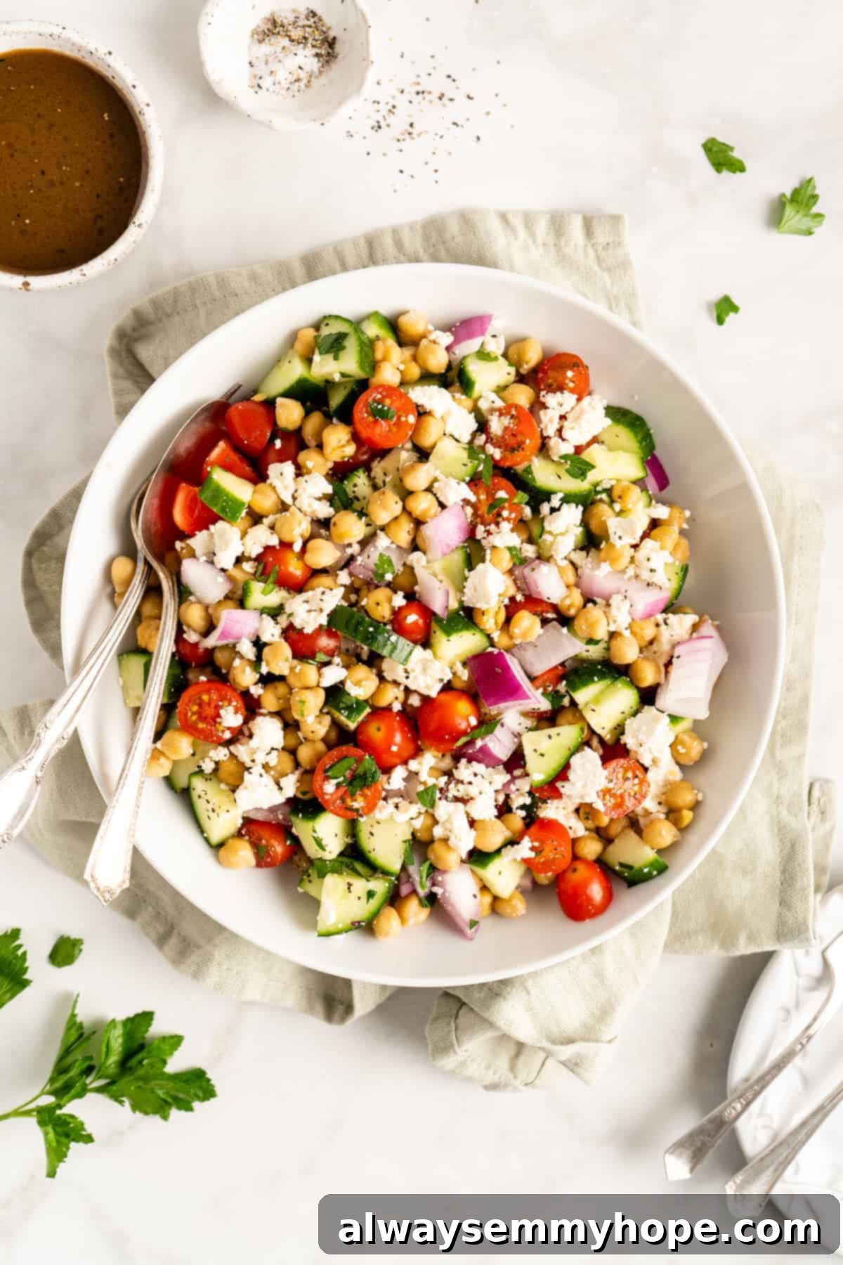 Zesty Mediterranean Chickpea Salad 6 Mediterranean chickpea salad with balsamic vinaigrette.