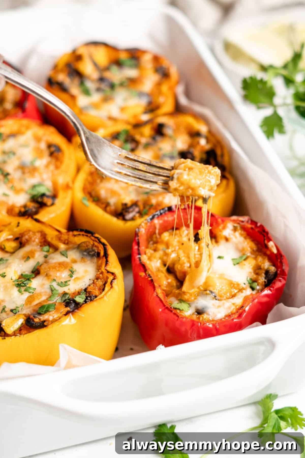A close-up of a baked vegan stuffed pepper, topped with melted vegan mozzarella and fresh herbs.