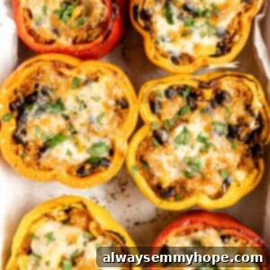 Vegan stuffed peppers in a baking dish.