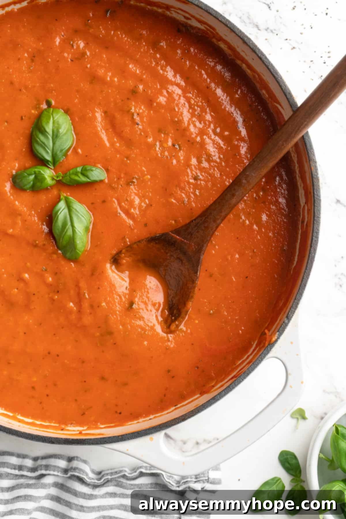 A large pot filled with beautifully blended homemade tomato sauce, a wooden spoon resting within. Ready to be served or stored for later. Overhead view of homemade tomato sauce in a pot with a wooden spoon, ready to be portioned