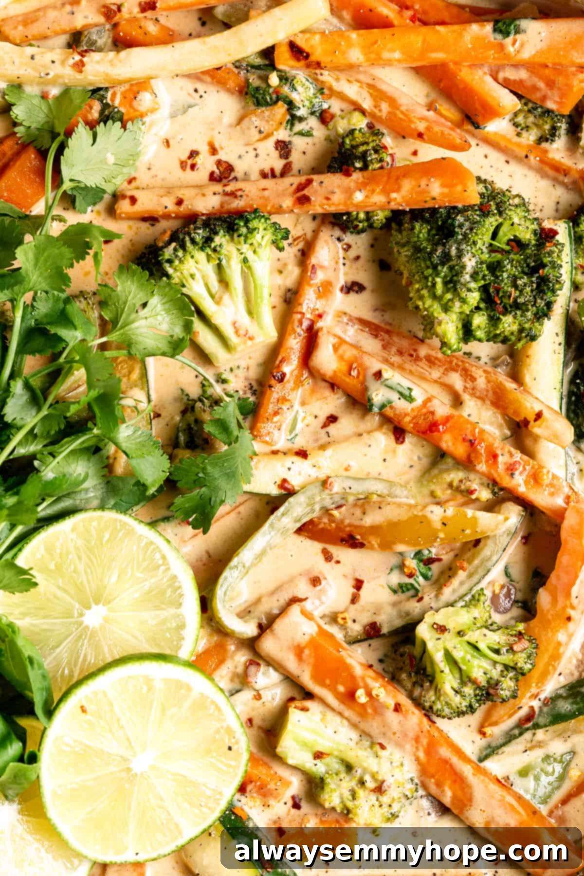 Effortless Thai Green Curry 2 Vibrant vegetables simmering in a creamy, aromatic green curry sauce in a pan.