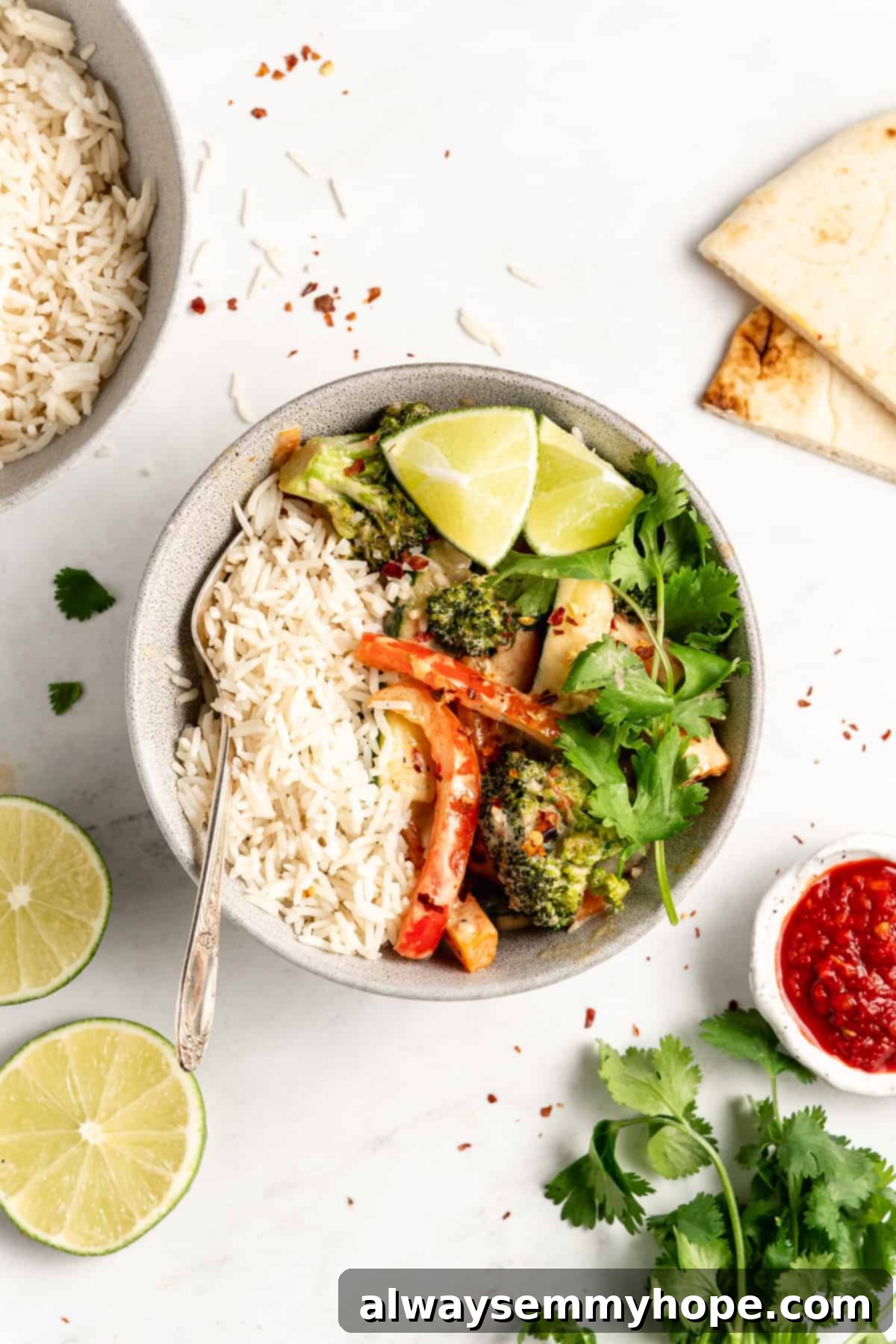 Effortless Thai Green Curry 3 A beautifully plated bowl of vegan Thai green curry served with fluffy basmati rice.