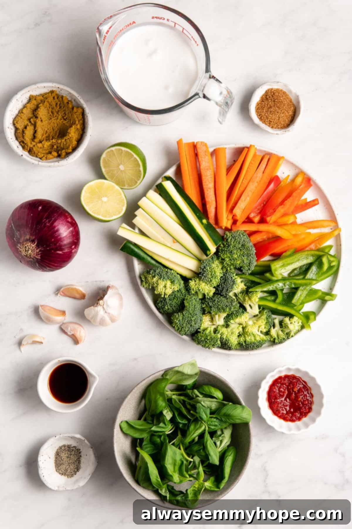 Effortless Thai Green Curry 4 A selection of fresh ingredients including coconut milk, various vegetables, and curry paste, ready for making vegan Thai green curry.