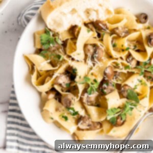 Overhead view of bowl of Garlic Mushroom Pasta with slice of baguette