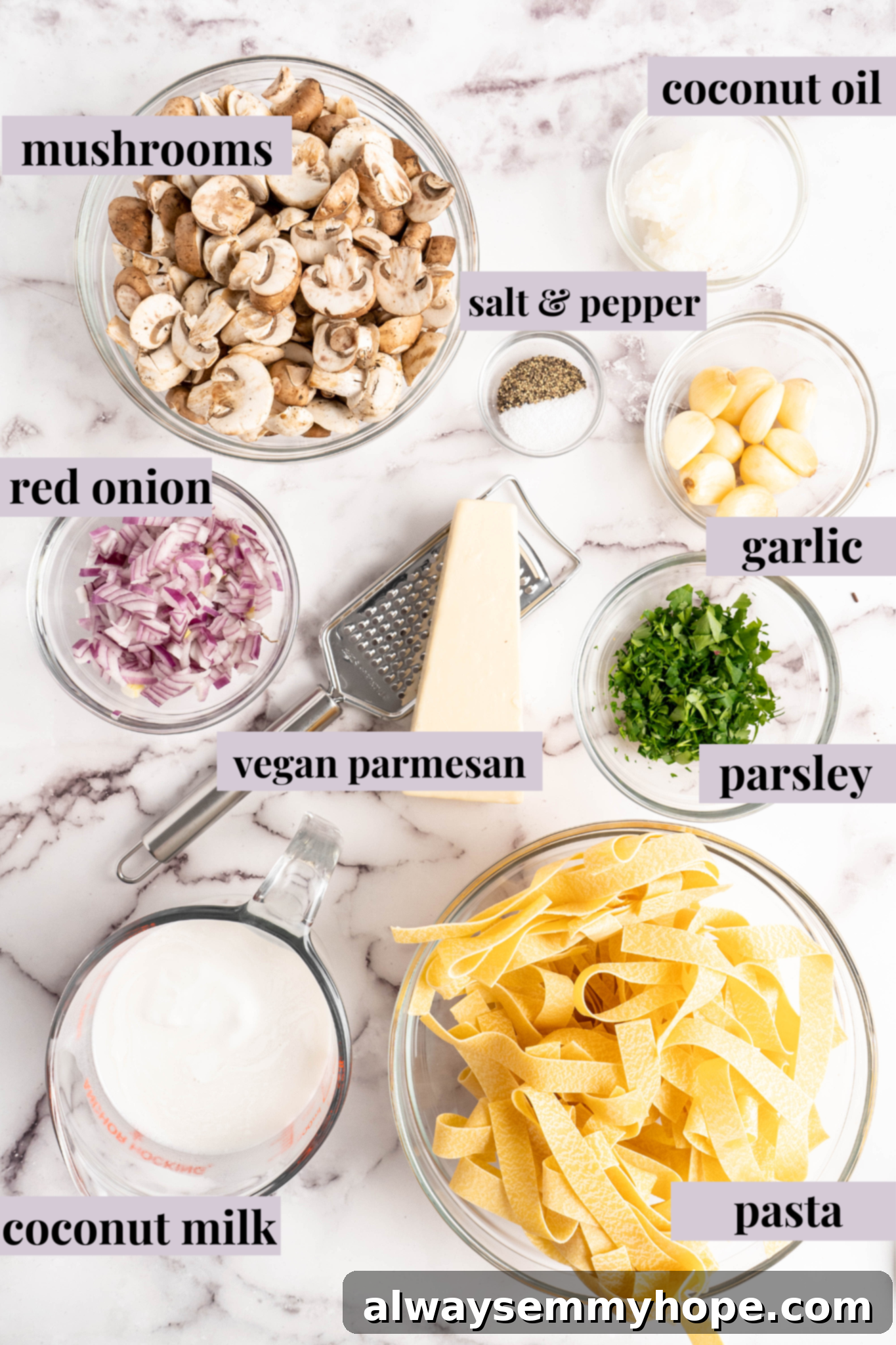 Overhead view of Garlic Mushroom Pasta ingredients, neatly arranged and labeled, showcasing the fresh components.