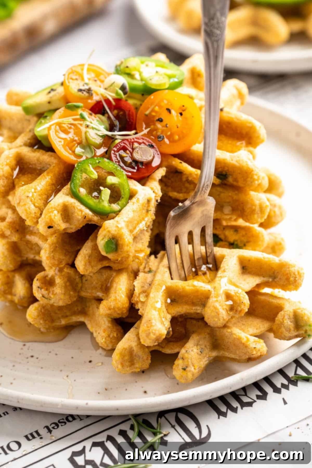 Fork sticking into pieces of cornbread waffles