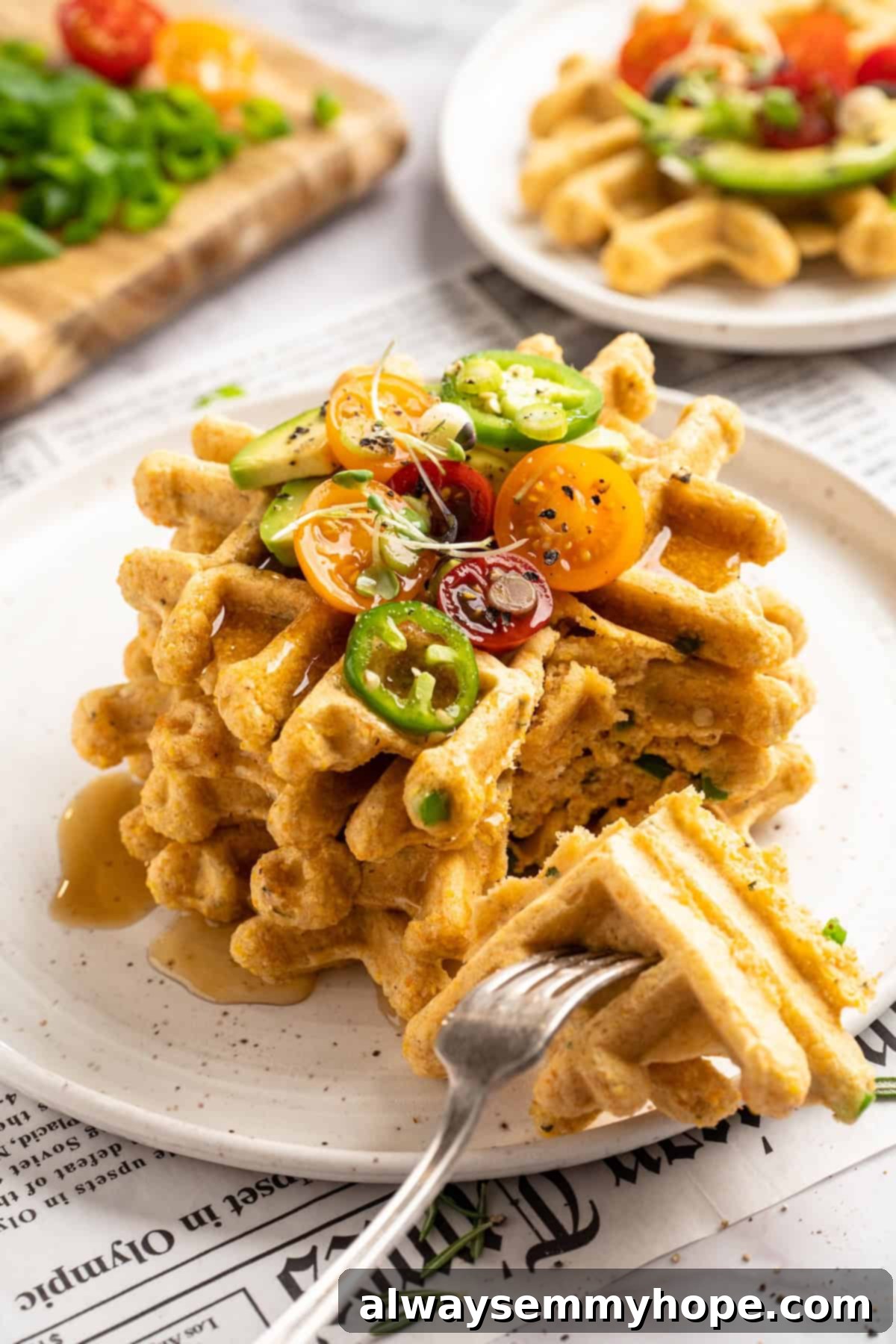 Stack of jalapeno cornbread waffles on plate with fork
