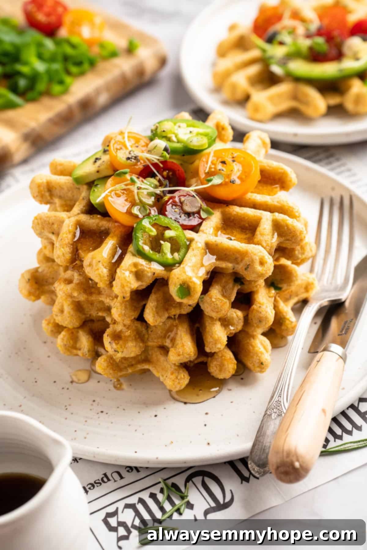 Stack of 3 cornbread waffles on plate topped with tomatoes, jalapenos, and microgreens